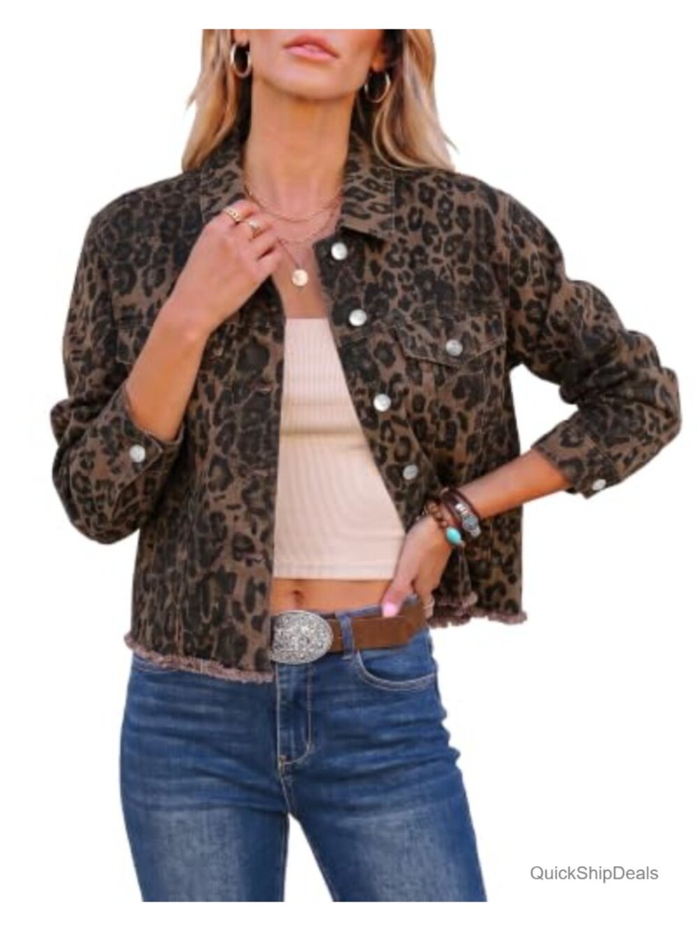 Women's Leopard Print Stretch Denim Cropped Frayed Hem Jean Jacket